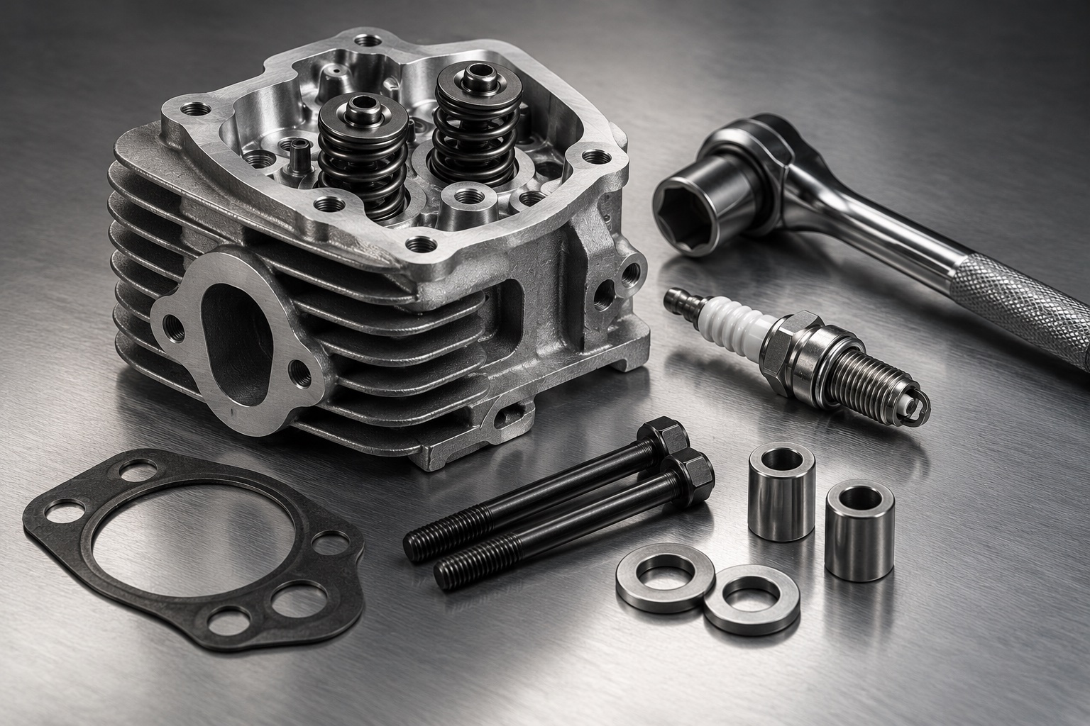 Illustrative monochrome study of an engine cylinder head, spark plug and hand tools